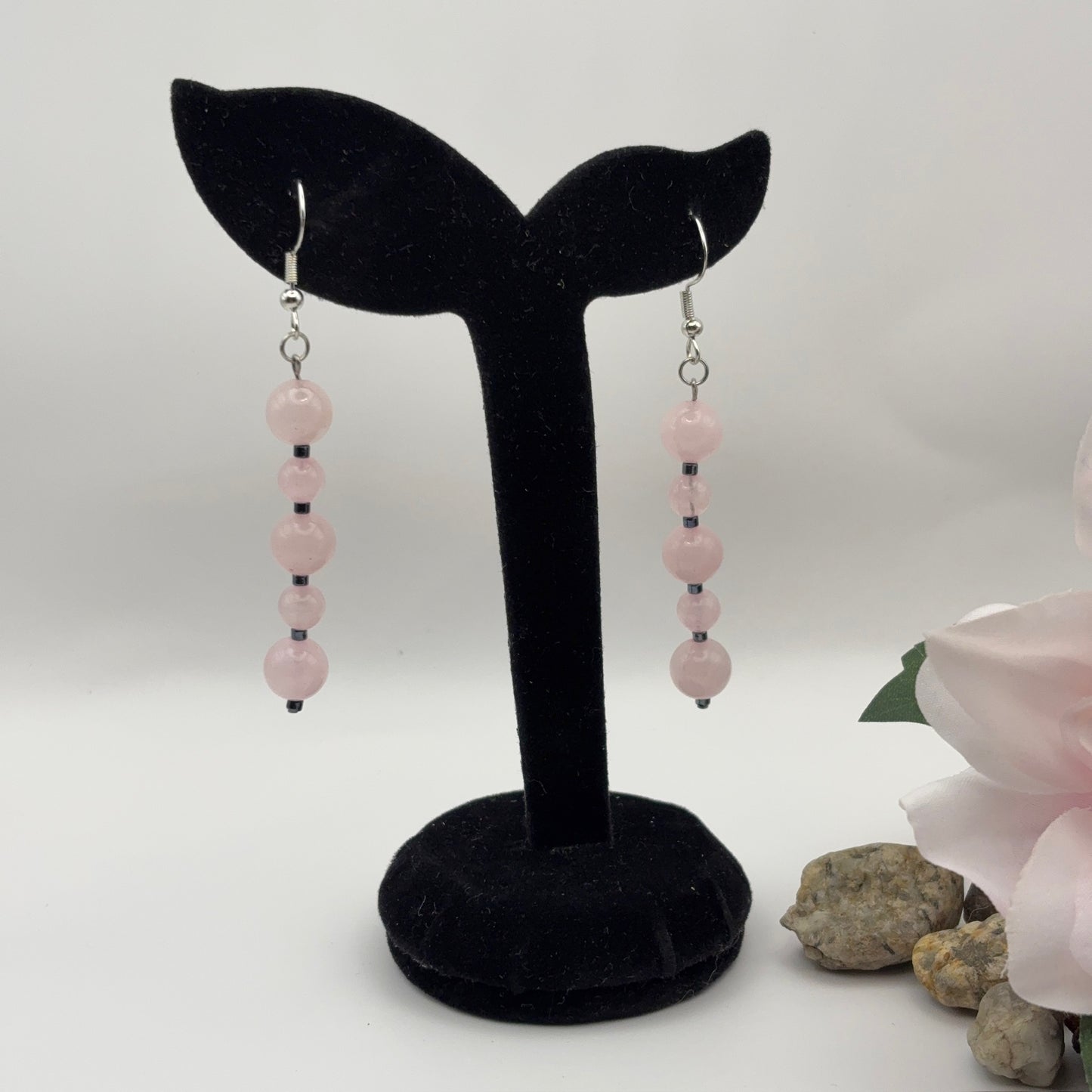 PINK Earrings - Rose Quartz &amp; Hematite 6.5cm