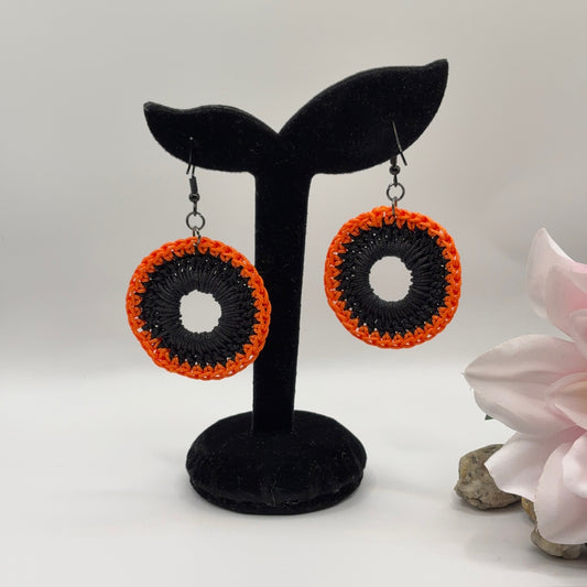 ORANGE &amp; BLACK - Crochet Earrings Made of Nylon Thread