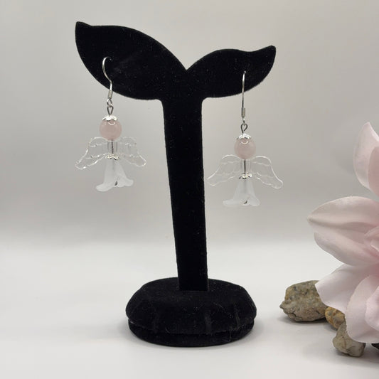 ANGEL Earrings - Rose Quartz &amp; Glass 5cm
