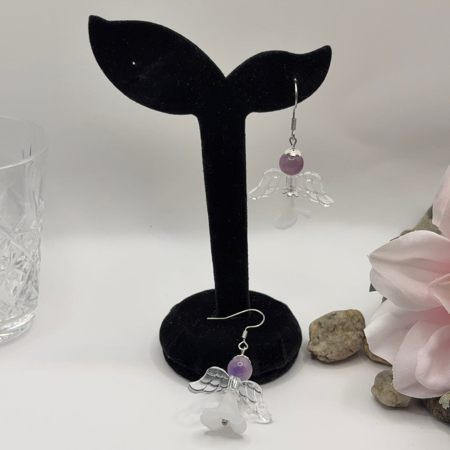 ANGEL Earrings - Purple Amethyst &amp; Glass 5cm